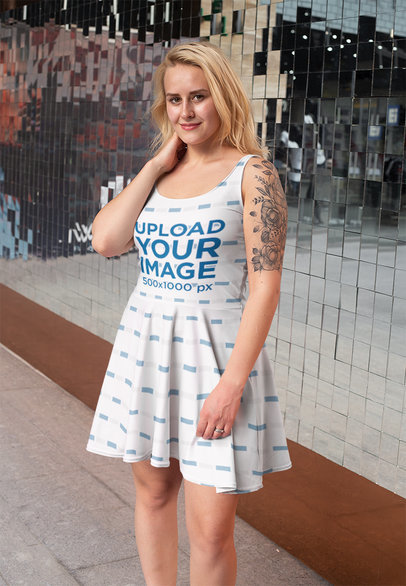 Skater Dress Mockup Featuring a Woman Posing on The Street
