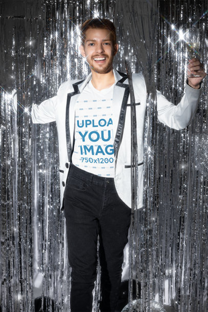 Bella Canvas T-Shirt Mockup Featuring an Excited Man at a New Year's Party