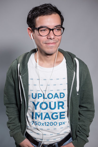 Smiling Nerd Dude Wearing a T-Shirt Mockup Listening to Music