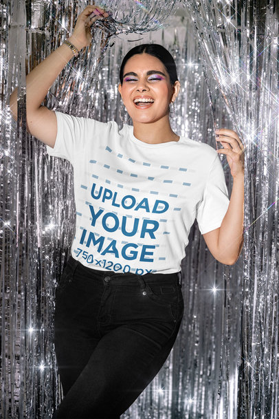 Bella Canvas Tee Mockup of a Joyful Woman in a New Year's-Decorated Setting