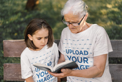 T-Shirt Mockup of a Girl and a Senior Woman Reading the Bible m30598 r-el2