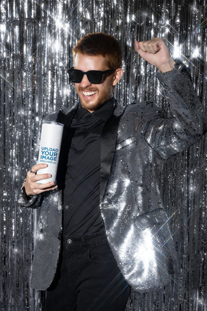 Skinny Tumbler Mockup of a Man with Sunglasses Holding a Skinny Tumbler