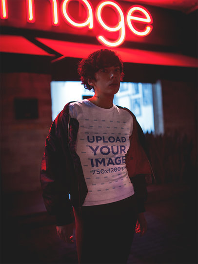 Mockup of a Woman with Curly Hair Wearing a T-Shirt at Night