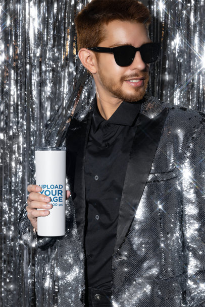 Skinny Tumbler Mockup of a Man with a Sparkling Garment Celebrating New Year's Eve