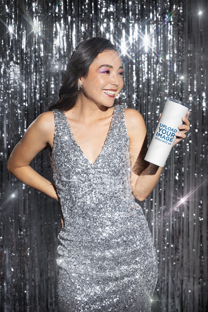 Skinny Tumbler Mockup of a Happy Woman Celebrating New Year's Eve