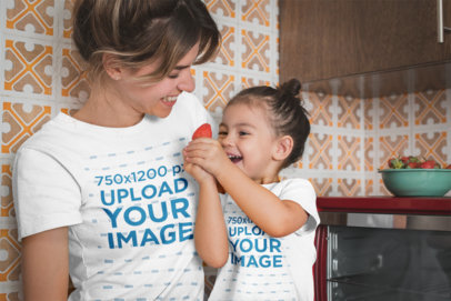 Mom and Daughter Wearing Tshirts Mockup Eating Strawberries