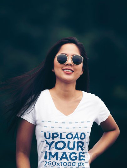 V-Neck T-Shirt Mockup of a Happy Woman Wearing Sunglasses