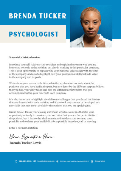 LinkedIn Cover Letter Generator with a Squared Portrait of a Female Psychologist 5764g-el1