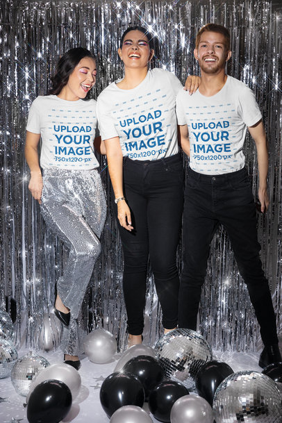 Bella Canvas Tee Mockup Featuring Two Happy Women and a Man Celebrating New Year's Day