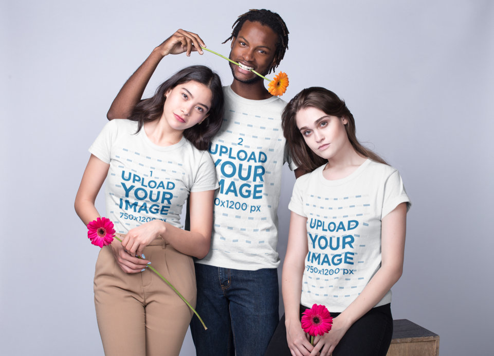 Interracial Group of Three Friends Wearing Shirts Template Featuring a Guy and Two Women Holding Flowers