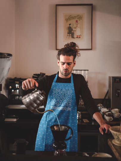 Man Wearing an Apron Mockup Making Coffee