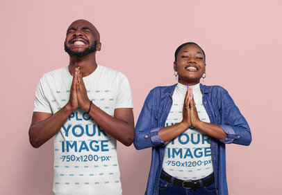T-Shirt Mockup Featuring Two Happy Persons Praying m30586 r-el2