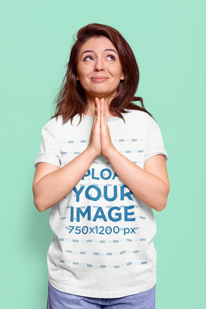 Round-Neck Tee Mockup of a Happy Woman Praying