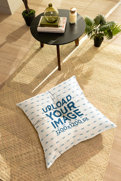 Mockup of a Floor Pillow Placed Over a Jute Mat m30946