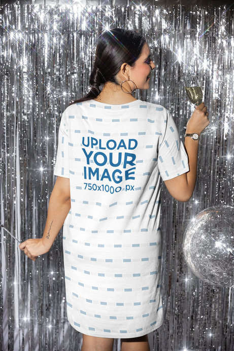 Back-View T-Shirt Dress Mockup of a Woman Celebrating NYE