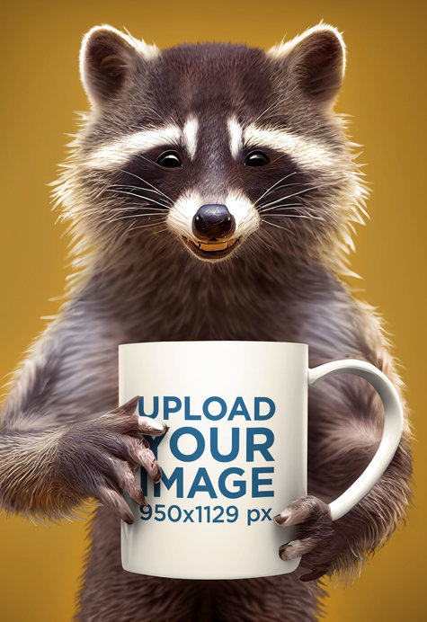AI-Generated Mockup Featuring a Cute Raccoon With an 11 Oz Mug