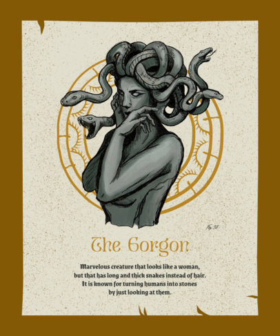 T-Shirt Design Template Featuring Mythical Creatures Inspired by Cabinet of Curiosities