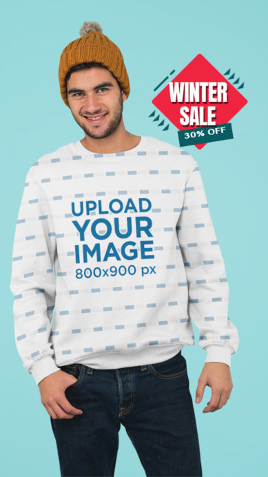 Sublimated Sweatshirt Mockup of a Bearded Man Featuring a Winter Promo Badge
