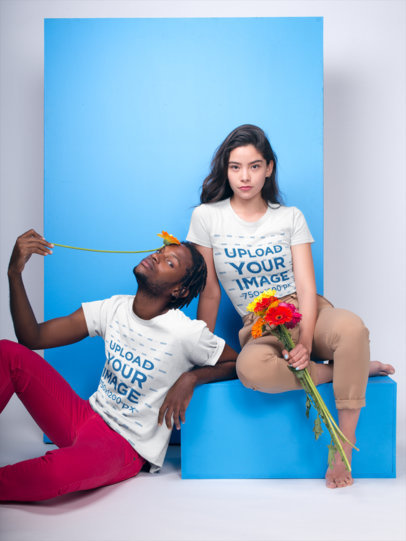 Mockup Featuring a Man and a Woman Wearing T-Shirts and Holding Flowers