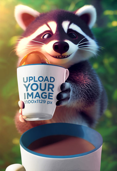 AI-Generated Mockup of a Cartoonish Raccoon Holding a Coffee Mug