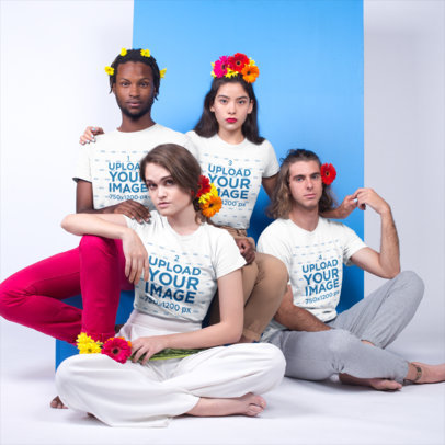 Multiracial Shot of Four Friends Wearing T-Shirts Mockup and Flowers
