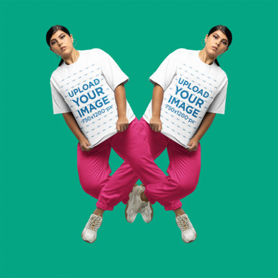 Mockup of a Duplicated Woman Wearing an Oversized Tee with a Rounded Neck