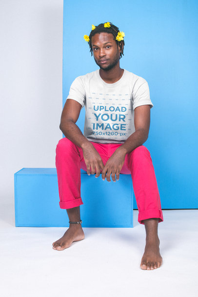 Man with Flowers on his Head Wearing a Tshirt Mockup