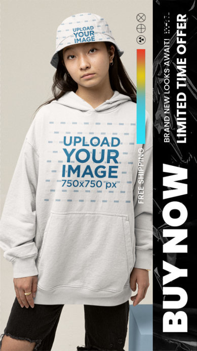 Hoodie and Bucket Hat Mockup Featuring a Teenage Girl Posing With a Serious Look for a POD Store Promo