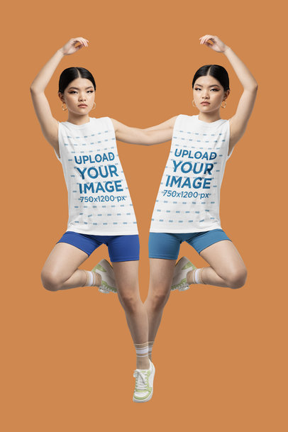 Mirrored-Style Mockup of a Woman Wearing a Sleeveless T-Shirt 