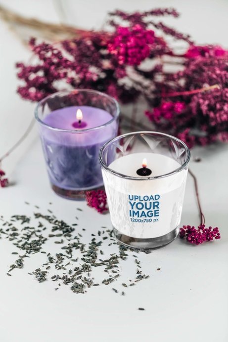 Candle Mockup Featuring Lavender Flowers