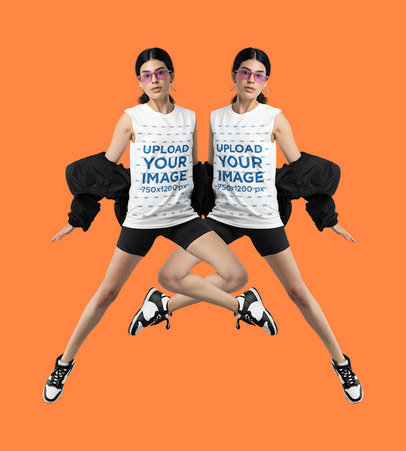 Sleeveless T-Shirt Mockup Featuring a Woman Jumping in a Studio