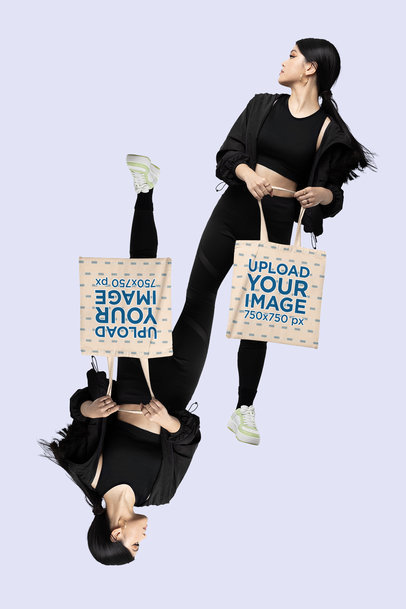 Sublimated Tote Bag Mockup Featuring a Woman Posing With a Fitness Outfit