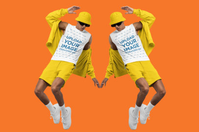 Sleeveless Tee Mockup Featuring a Mirrored Man Jumping