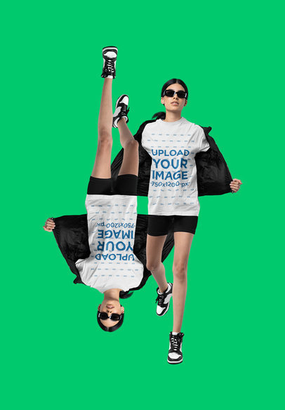 T-Shirt Mockup of a Serious Woman Posing at a Studio With Sunglasses