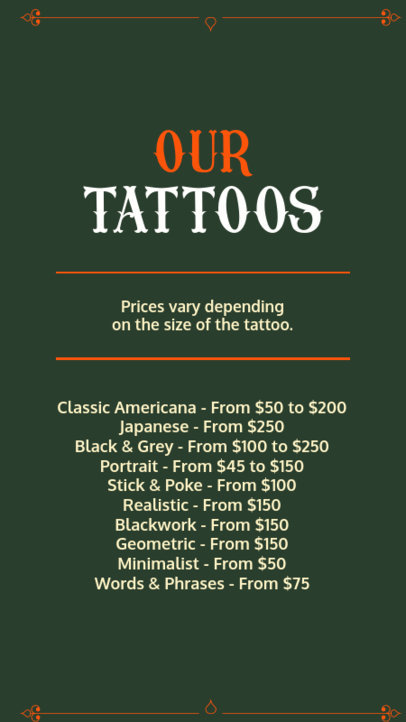 Price List Instagram Story Generator for a Tattoo Studio