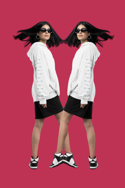 Pullover Hoodie Mockup Featuring a Woman with Sunglasses Shaking Her Hair Against a Magenta-Themed Surface