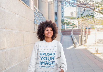 Crewneck Sweatshirt Mockup Featuring a Cheerful Woman on a Sidewalk m30274 r-el2