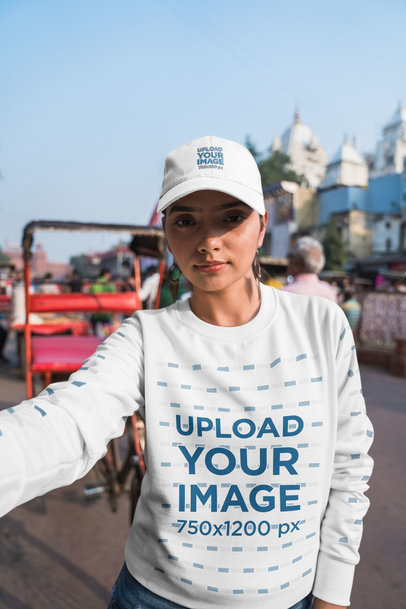 Selfie Mockup Featuring a Woman Wearing a Sweatshirt and a Dad Hat