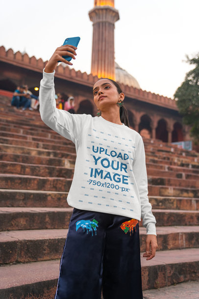 Crewneck Sweatshirt Mockup of a Woman Taking a Selfie