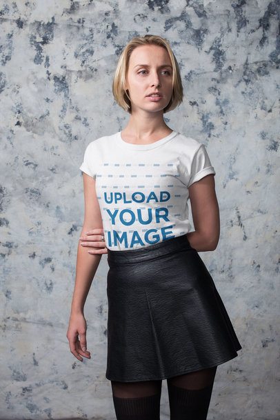 Short-Haired Beautiful Woman Wearing a T-Shirt Mockup and a Black Skirt