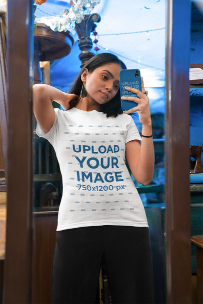 Selfie-Themed Mockup Featuring a Woman Wearing a Gildan Tee and Holding a Mobile With a Phone Case