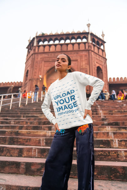 Mockup of a Woman Posing in a Rounded-Neck Sweatshirt