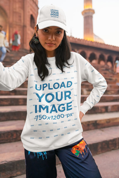 Mockup of a Woman Wearing a Dad Hat and a Rounded-Neck Sweatshirt
