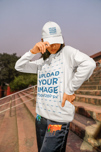 Dad Hat and Sweatshirt Mockup Featuring a Woman Posing by a Staircase