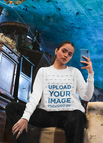 Sweatshirt Mockup of a Woman Taking a Selfie in a Vintage Mirror