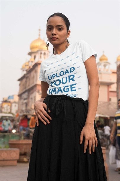 Round-Neck Gildan T-Shirt Mockup of a Woman Posing on the Street