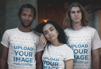 Interracial Friends Wearing T-Shirts Mockup
