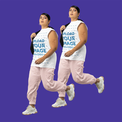 Sleeveless Tee Mockup Featuring Serious Woman Taking a Step