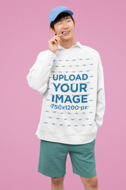 Crewneck Sweatshirt Mockup Featuring a Happy Kawaii Man Biting a Lollipop m30715