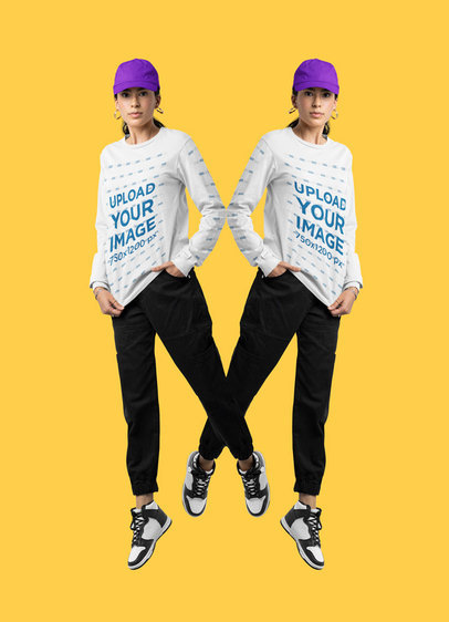Bella Canvas Long-Sleeve Tee Mockup of a Mirrored Serious Woman